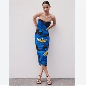 NW/OT Zara Blue and Black Strapless Dress